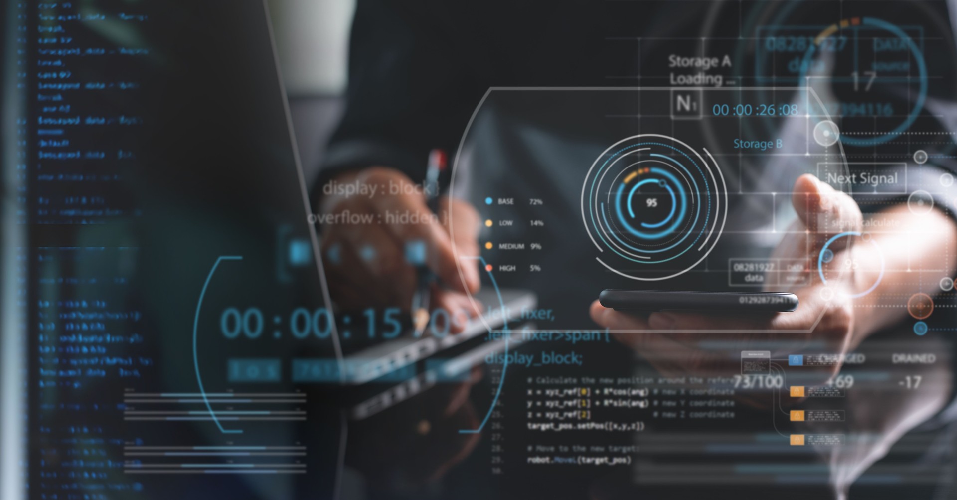 Data science, digital technology, software development, cyber security global network, cloud computing. Coding programmer working on computer with big data system management